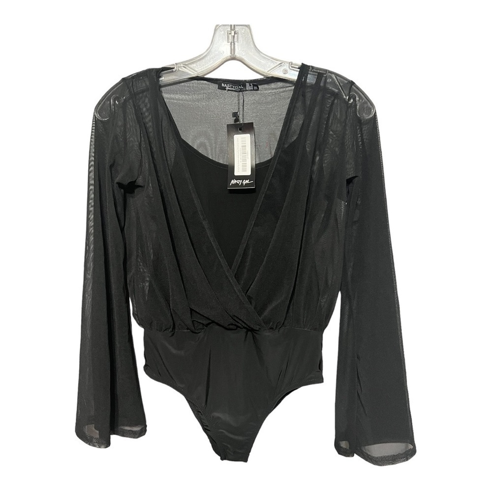 Nasty Gal Wrap Bodysuit Black Mesh Sheer Overlay Flare Sleeve Blouse Snap Size 4